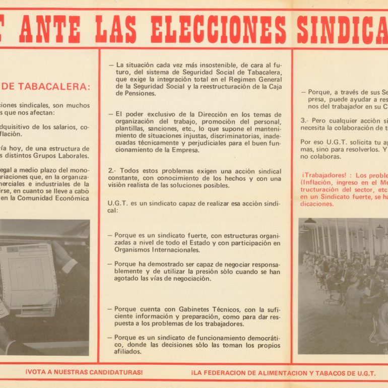 UGT ante las elecciones sindicales : trabajadores de tabacalera (...) : ¡unete a UGT! : ¡vota a nuestras candidaturas! : ¡la Federación de Alimentación y Tabacos de UGT necesita tu apoyo! / UGT- Federación de alimentación y tabaco . - [S. l.] : UGT- Federación de alimentación y tabaco , [s. a.]Archivo de carteles de la Fundación F. Largo Caballero