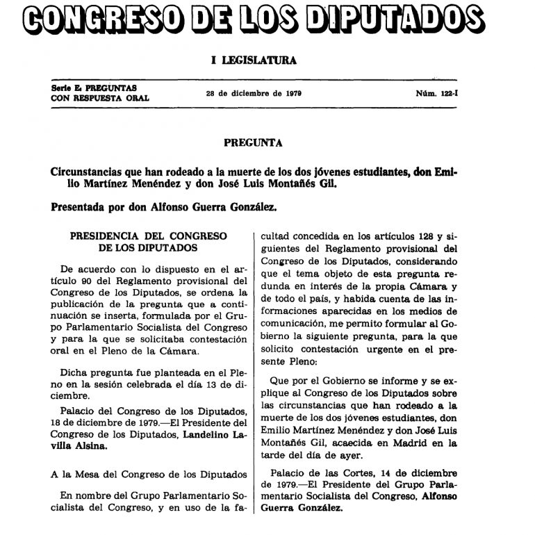 Boletín Oficial de las Cortes Generales en relación a la muerte de don Emilio Martínez Menéndez y José Luis Montañés Gil; estudiantes muertos en una manifestación junto a la fábrica de Tabacos de Madrid de la que participaron numerosas cigarreras. 1979. Tabacalera. Mujeres, Trabajo. Embajadores. Lavapiés. Cigarreras. Obreras. Feminismo. Memoria. Historia. Madrid. Fábrica de Tabacos.